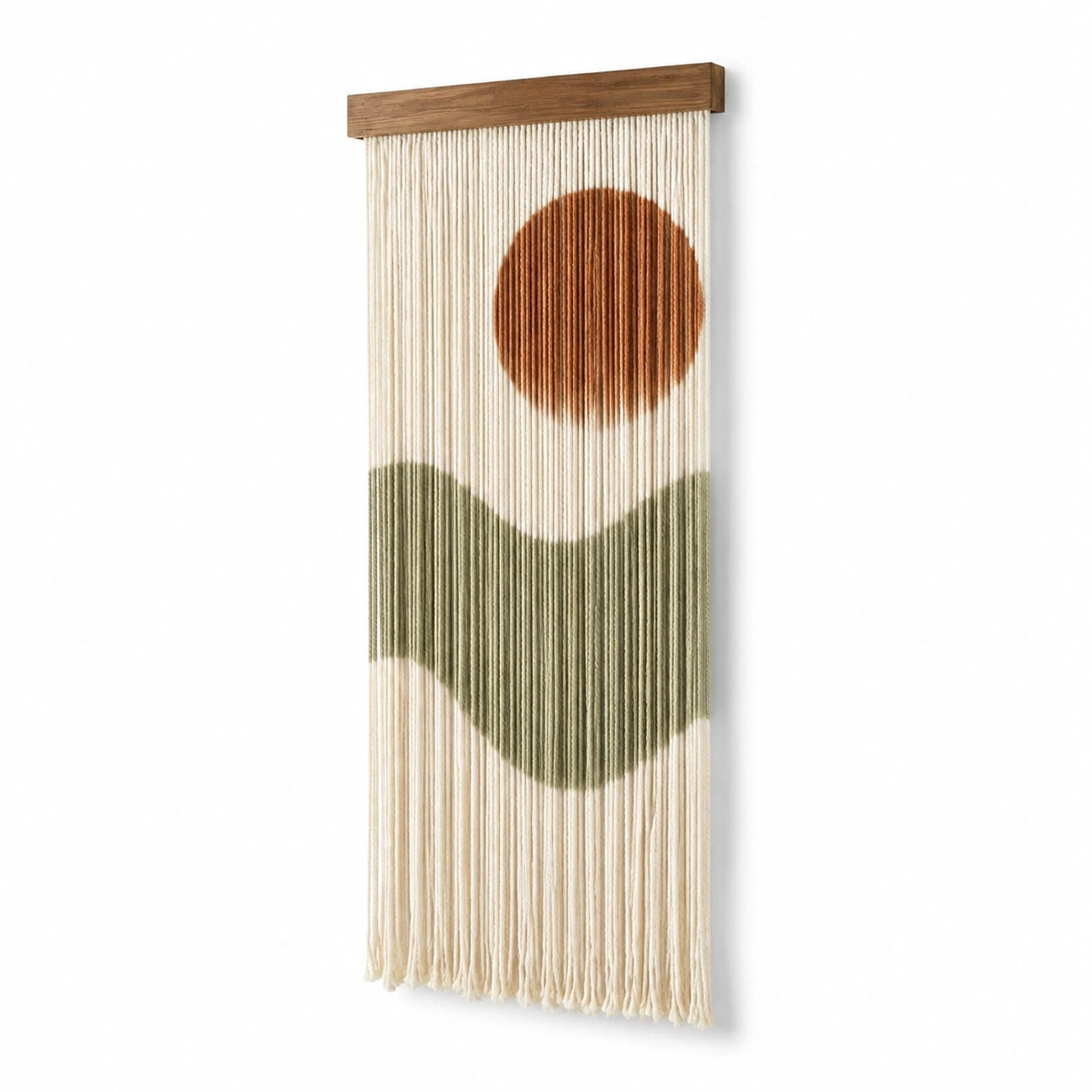 Wandteppich 40 x 110 cm aus Baumwollkordel in Creme Braun Grün mit Holzleiste im Boho Stil