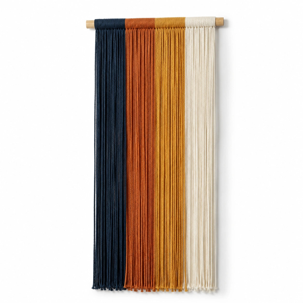 Wandteppich 60 x 120 cm aus Textilkordel und Holz in Dunkelblau Terrakotta Senfgelb Creme - Boho Wanddekoration