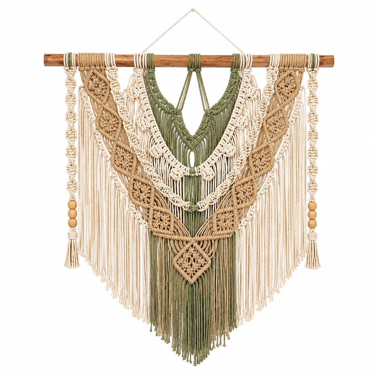Makramee Wandbehang 80 x 110 cm aus Textilkordel in Beige Grün Braun mit Holzstab Boho Dekoration