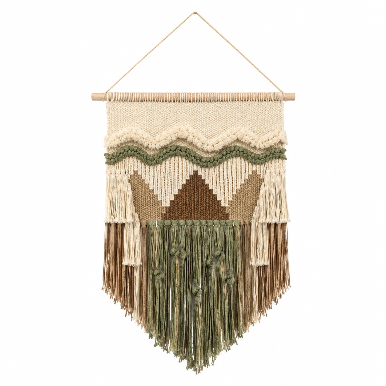 Makramee Wandteppich 45 x 75 cm aus Baumwolle Beige Grün Braun mit Fransen im Boho Stil