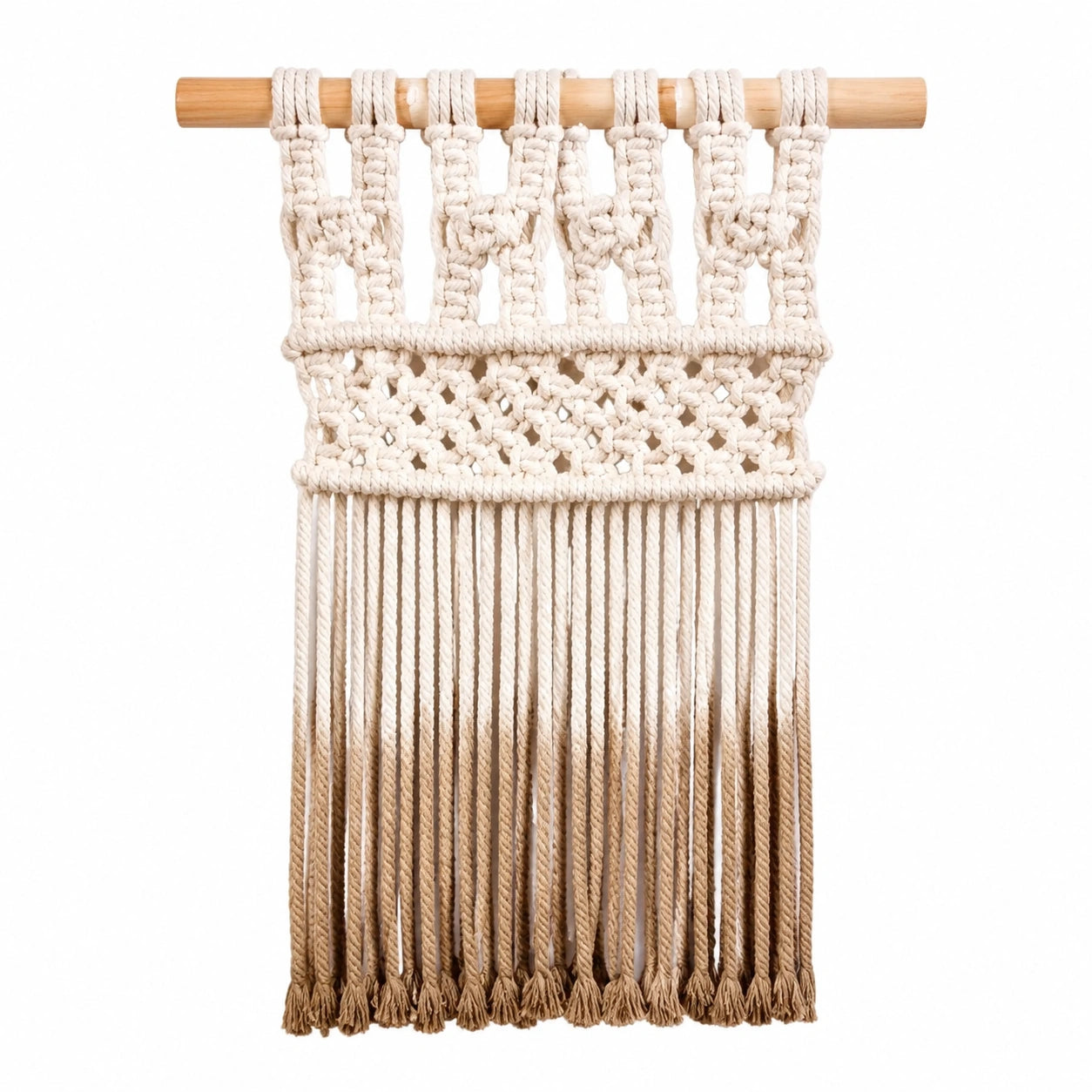 Makramee Wandteppich 50 x 90 cm aus Baumwollseil in Creme mit Holzstab und Fransen