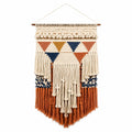 Wandteppich 45 x 80 cm aus Textilfasern in Creme Dunkelblau Ocker Terrakotta mit Fransen im Boho-Stil