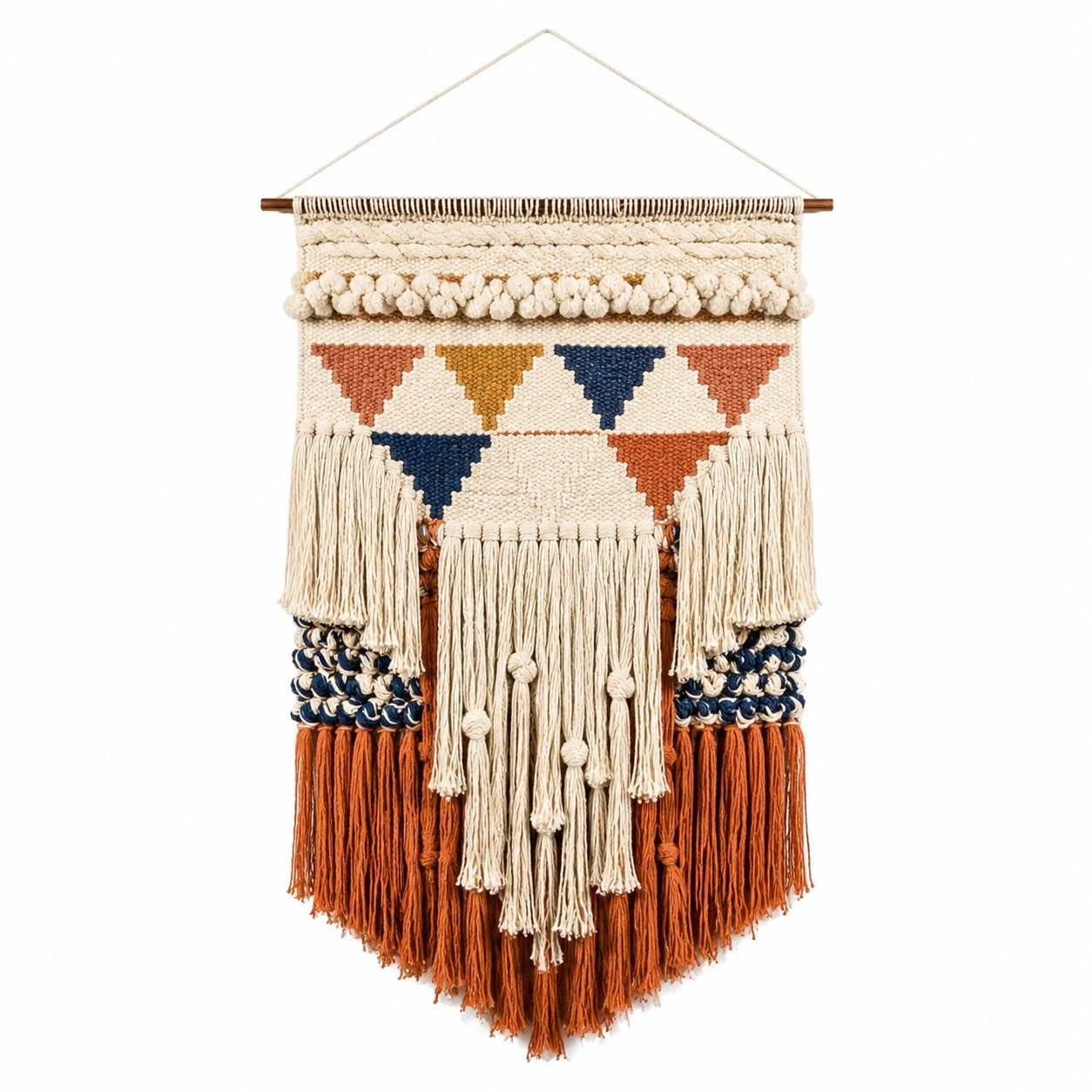 Wandteppich 45 x 80 cm aus Textilfasern in Creme Dunkelblau Ocker Terrakotta mit Fransen im Boho-Stil