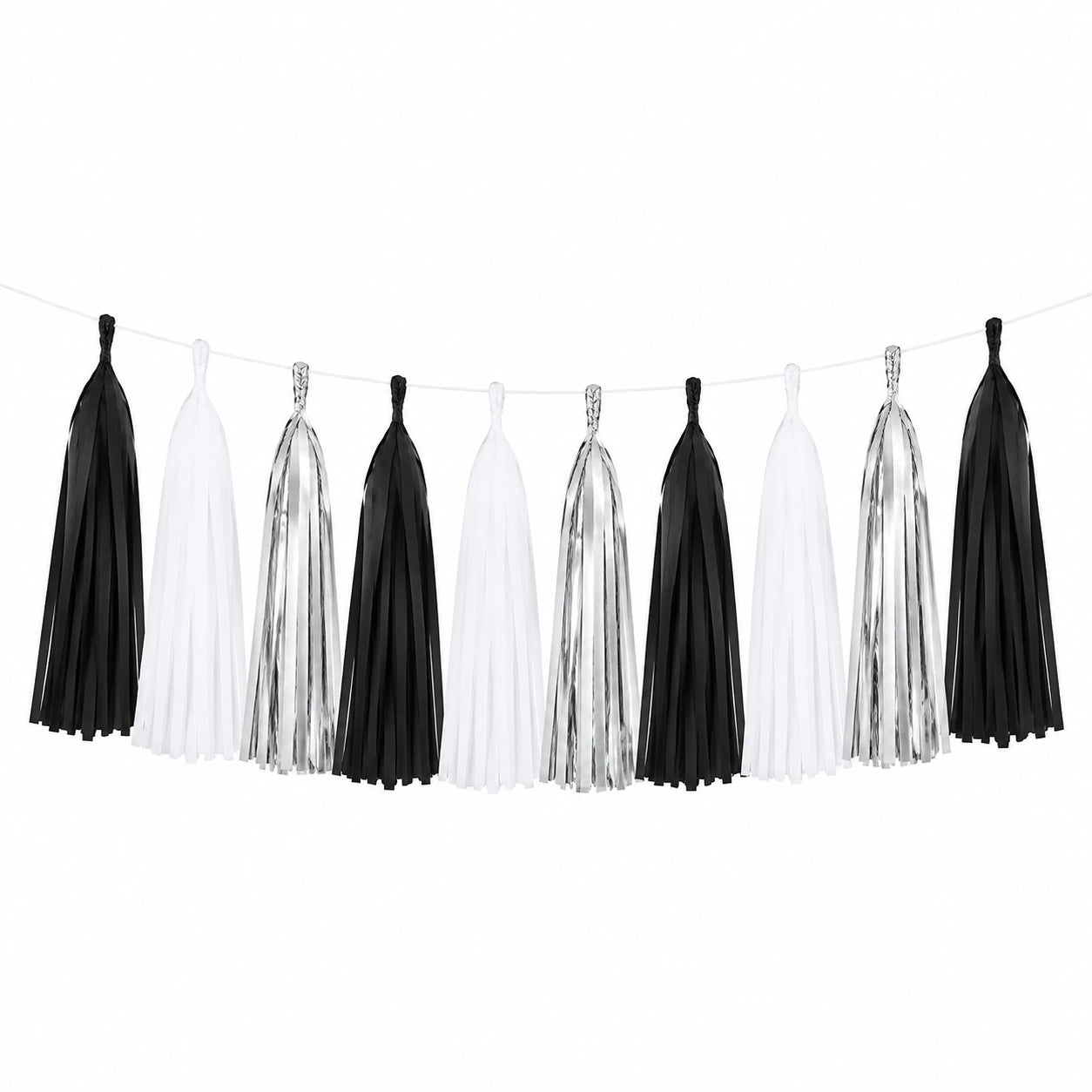 Quastengirlande 150 cm aus Papier Schwarz Weiß Silber für Partydekoration