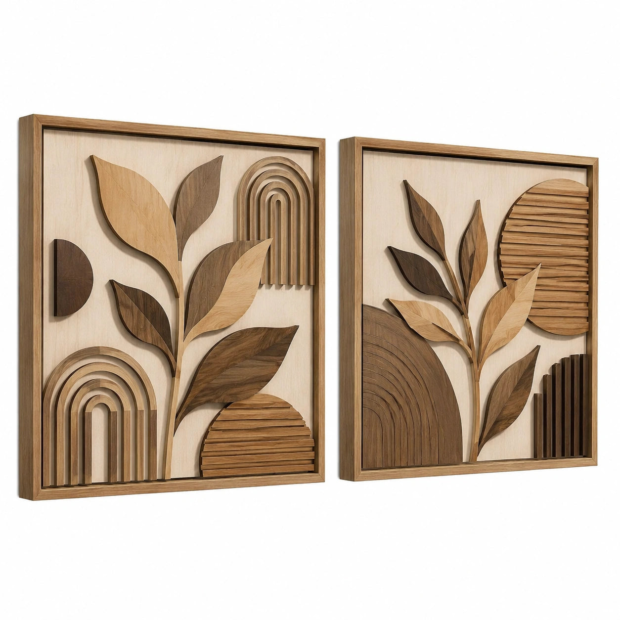 Wandbilder 2er Set 40 x 60 cm aus Holz in Naturbraun mit botanischem 3D Relief