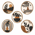 Wanddekoration Set 5-teilig Ø 30 cm aus Holz in Braun Schwarz Creme mit Pflanzenmotiven