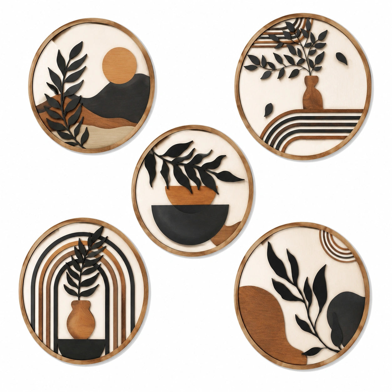 Wanddekoration Set 5-teilig Ø 30 cm aus Holz in Braun Schwarz Creme mit Pflanzenmotiven