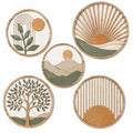 5er Set Wanddekoration 30 cm Holz Natur Grün runde Landschaftsmotive