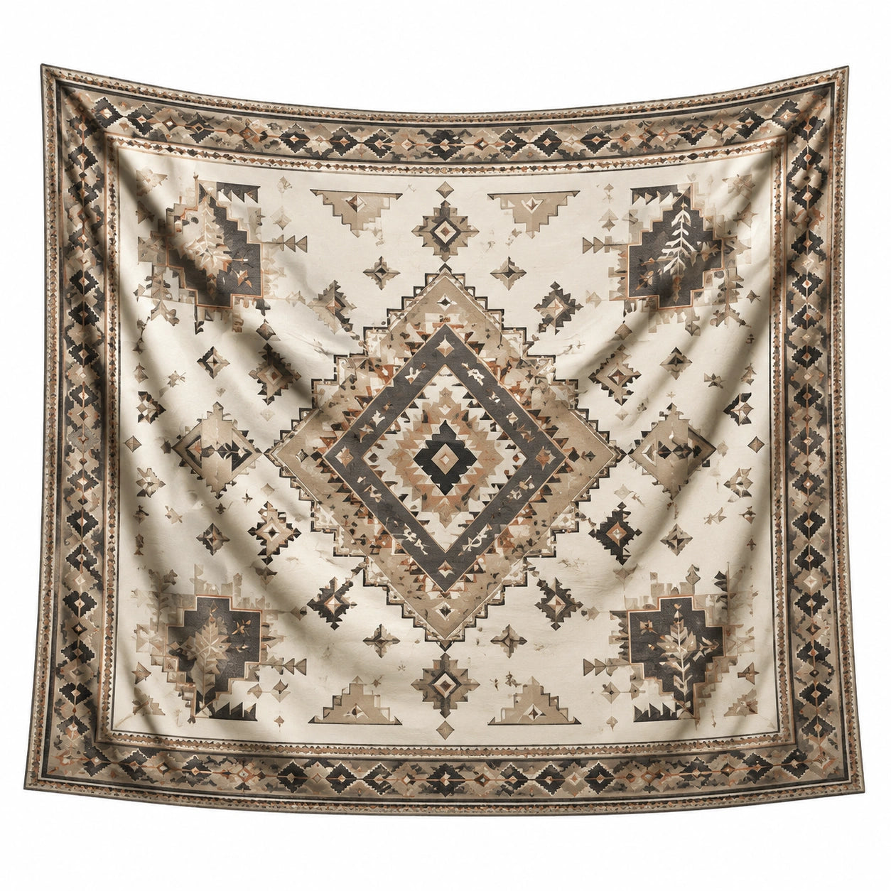 Wandteppich 150 cm x 150 cm aus Textilgewebe in Creme Braun mit geometrischem Muster
