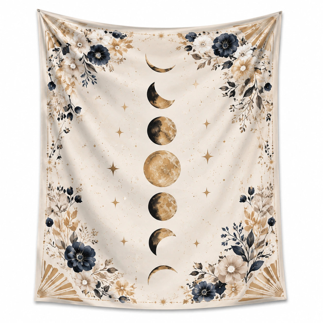 Wandteppich 150 cm x 130 cm Textilgewebe Creme Blau Mondphasen Blumenmotiv zum Aufhängen