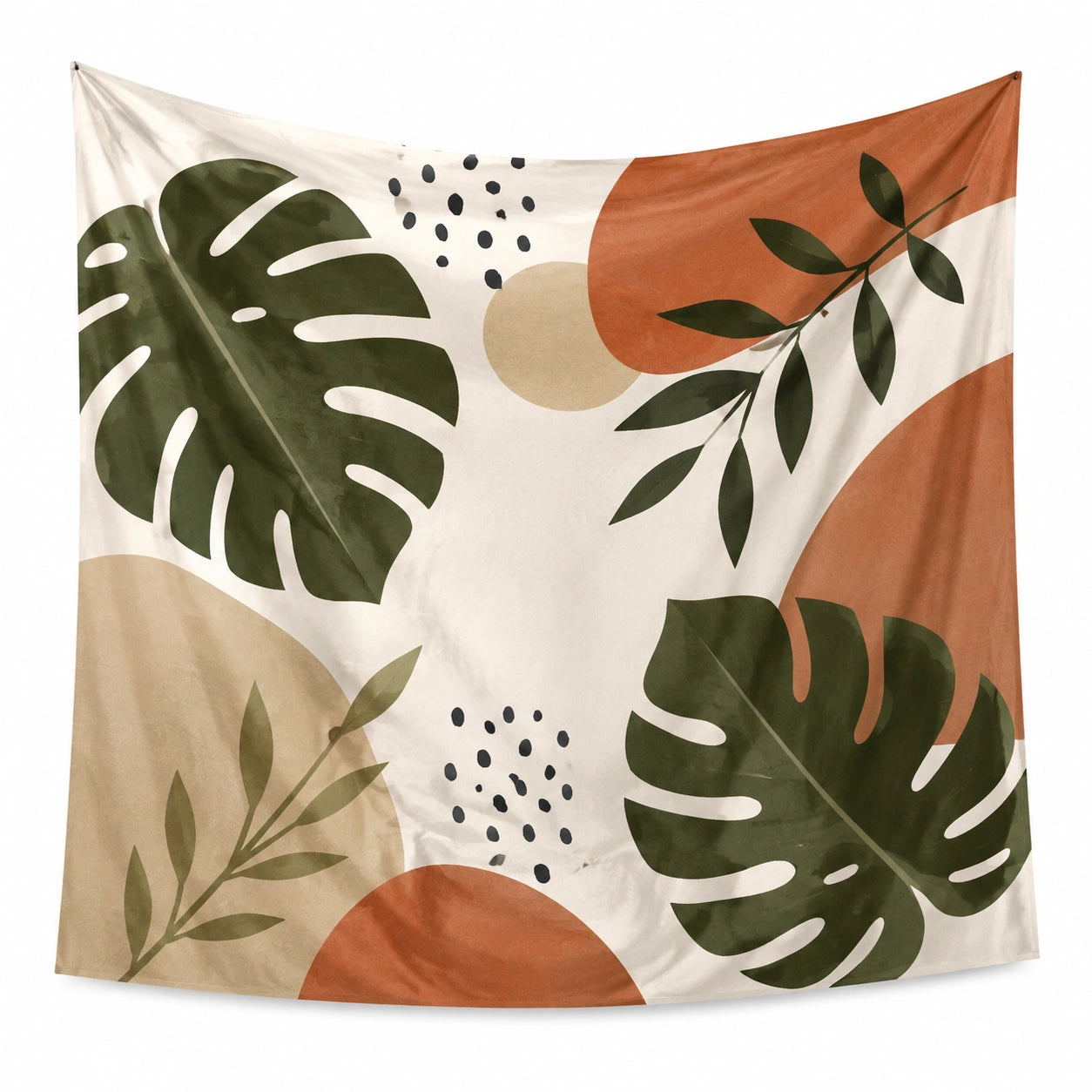 Wandteppich 150 x 150 cm aus Polyester in Weiß Grün Terrakotta mit Pflanzenmotiv für Wohnräume