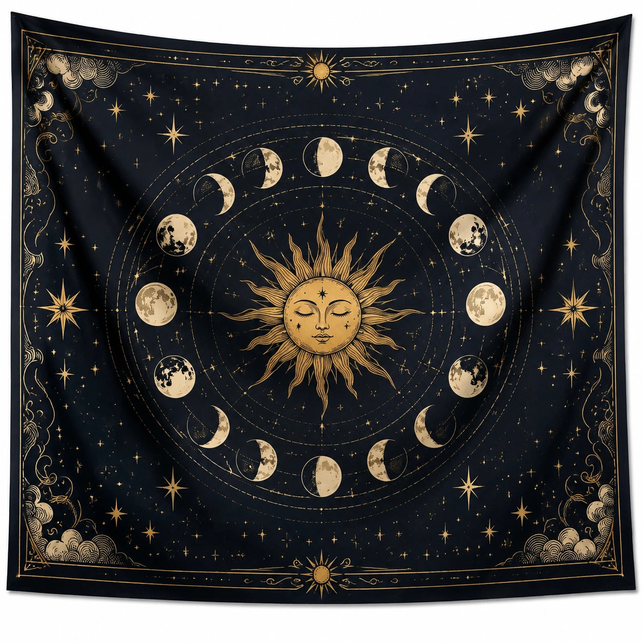 Wandteppich 150 cm x 150 cm Schwarz Gold Mondphasen Sonnenmotiv Dekoration
