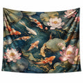 Wandteppich 150x130 cm aus Polyester Dunkelblau mit Koi und Lotusblumen im asiatischen Stil