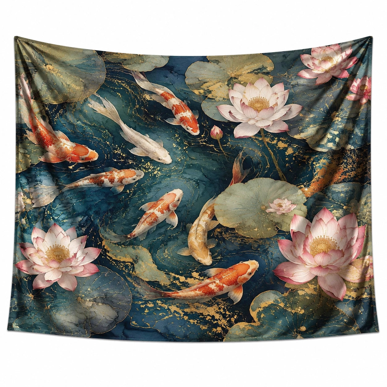 Wandteppich 150x130 cm aus Polyester Dunkelblau mit Koi und Lotusblumen im asiatischen Stil