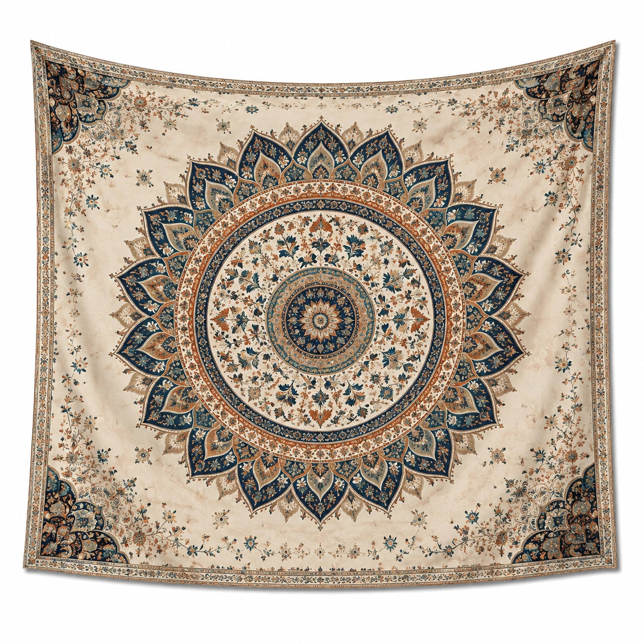 Wandteppich 150 x 150 cm aus Polyester Beige Blau mit Mandala Muster