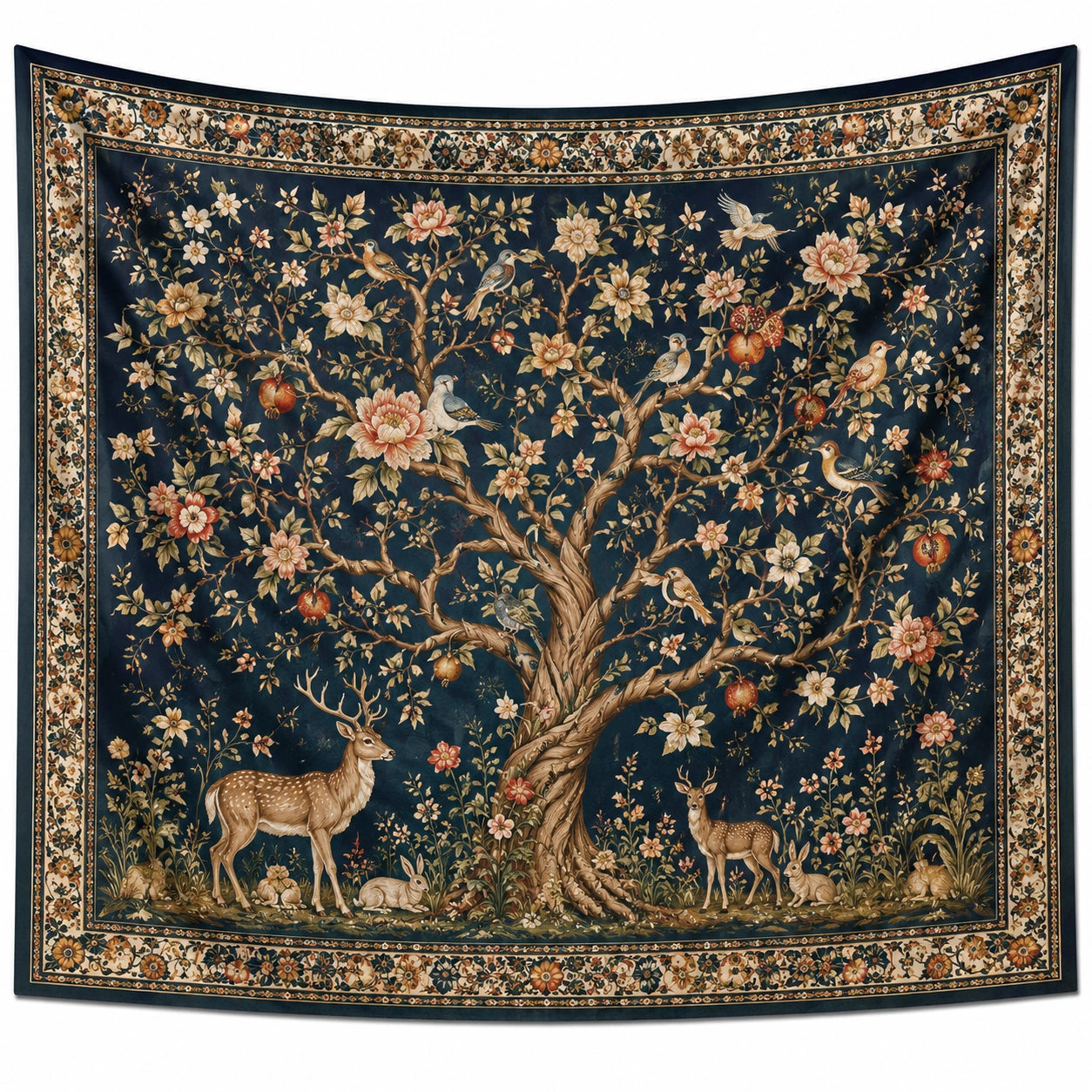 Wandteppich 150 x 130 cm Polyester Dunkelblau mit Blumen Baum und Waldtieren